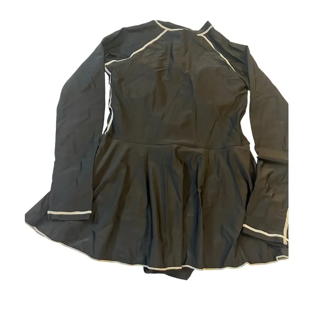 Women Swim Black Long Sleeve RashGuard One Piece Swim Dress Sz Large, Modest EUC